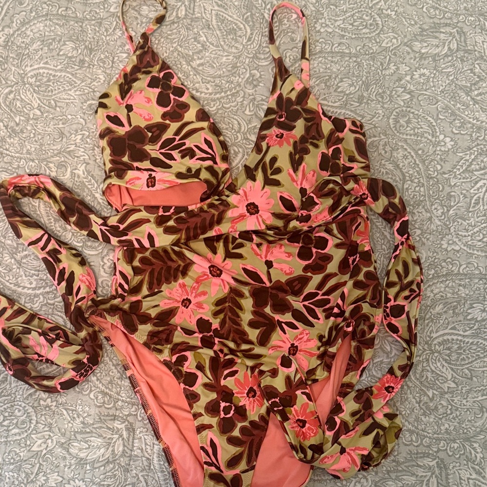 Aerie Pink and Brown Floral Swimsuit